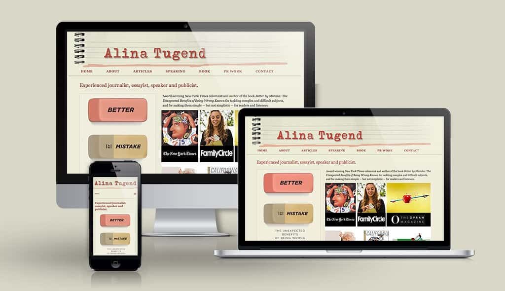 desktop, laptop, & cell phone displaying the homepage of Alina Tugend