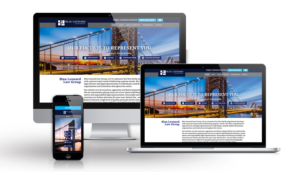 Blau-Leonard-portfolio-image desktop, laptop, & cell phone displaying the homepage of Blau Leonard