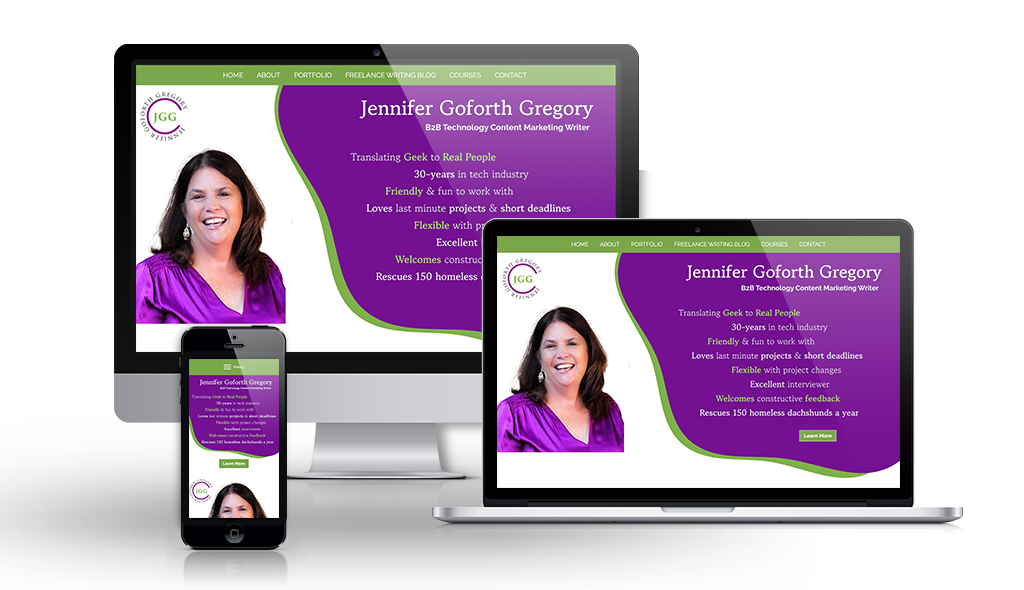 cell phone, desktop & laptop displaying Jennifer Gregory's home page