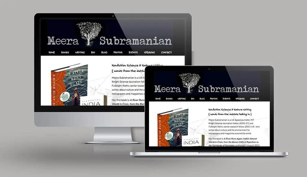 desktop & laptop displaying the home page of Meera Subramanian