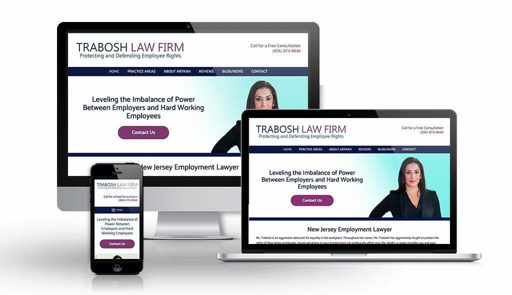 desktop, laptop, & cell phone displaying the homepage of Trabosh Law Firm