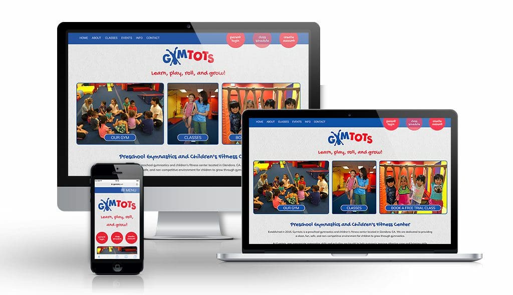 desktop, laptop, & cell phone displaying the homepage of GymTots