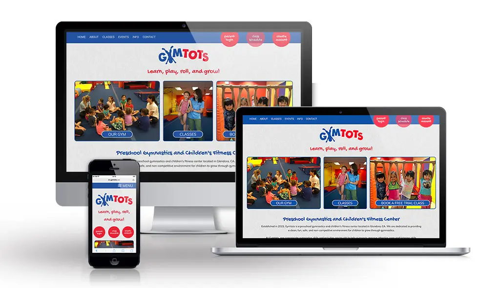gymtots desktop, laptop, & cell phone displaying the homepage of GymTots