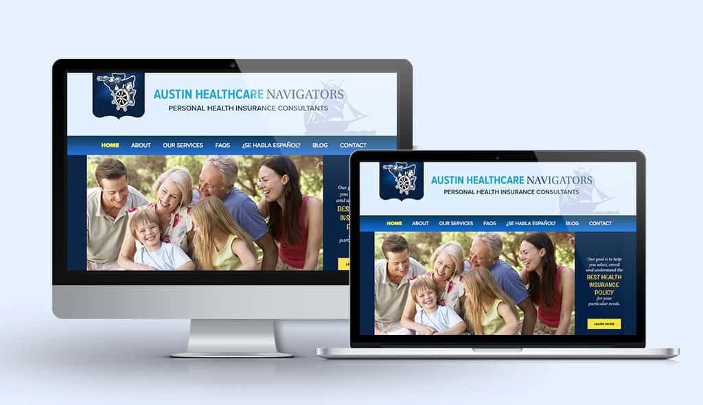 desktop & laptop displaying the home page of Austin Healthcare Navigators