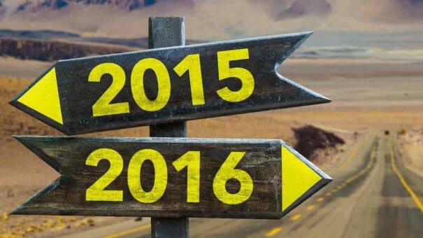 2015 - 2016 signpost in a desert road background