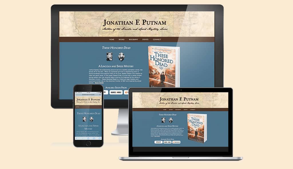 desktop, laptop, & cell phone displaying the home page of Jonathan Putnam