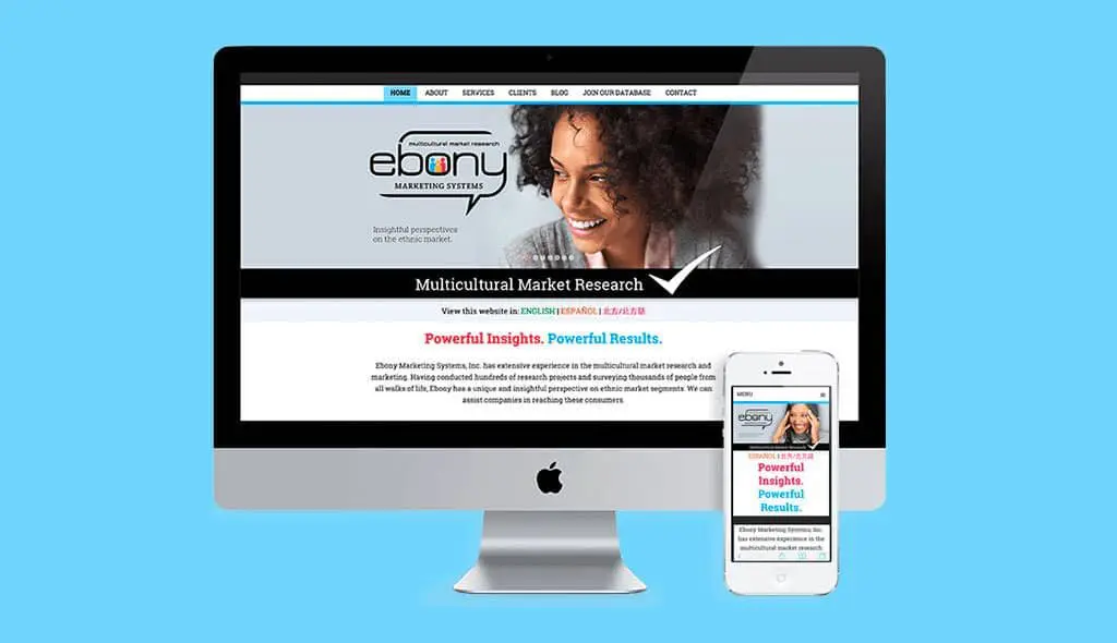 desktop & cell phone displaying the home page of Ebony