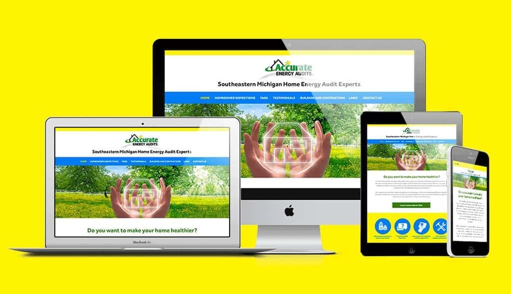 desktop, laptop, iPad, & cell phone displaying the home page of Accurate Energy Audits