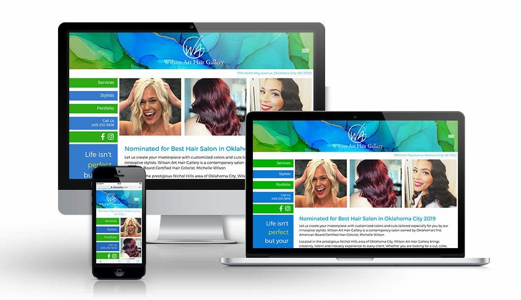 desktop, laptop, & cell phone displaying the homepage of Wilson Art Hair Gallery