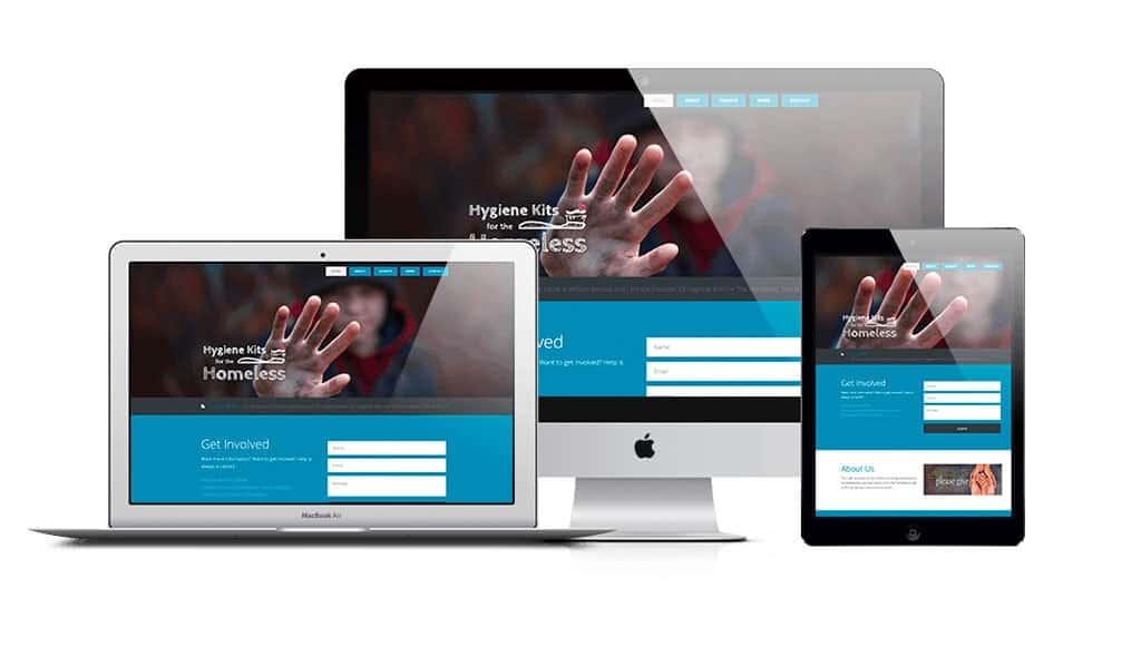 laptop, desktop & cell phone displaying the home page of Hygiene Kits for the Homeless