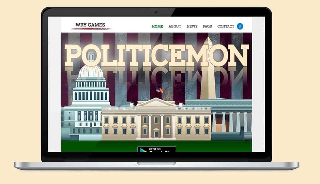 laptop displaying the home page of Wry Games' Politicemon