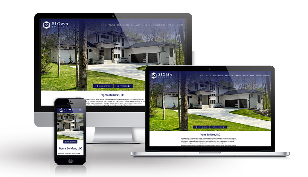desktop, laptop, & cell phone displaying the homepage of Sigma Builders