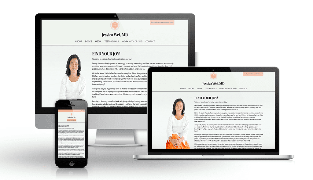 desktop, laptop, & cell phone displaying the homepage of Jessica Wei MD