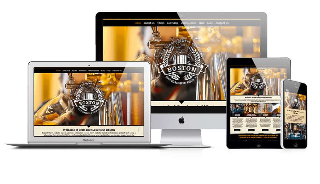 desktop, laptop, iPad, & cell phone displaying the home page of Craft Beer Lovers