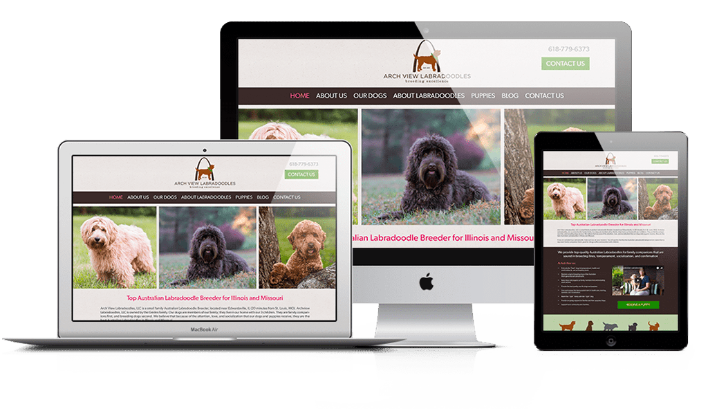 archview desktop, laptop, & iPad displaying the home page of Archview Labradoodles
