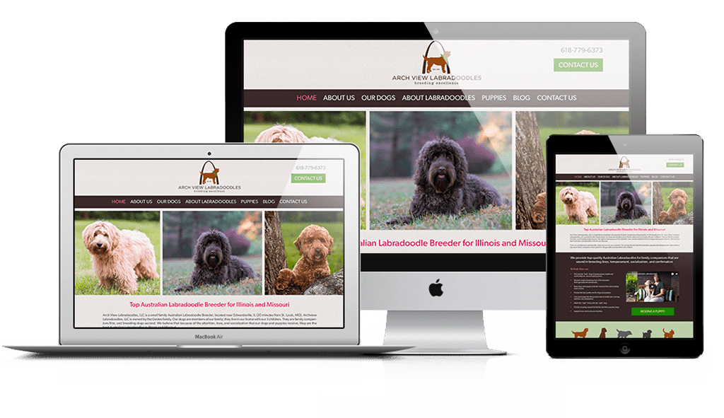 desktop, laptop, & iPad displaying the home page of Archview Labradoodles