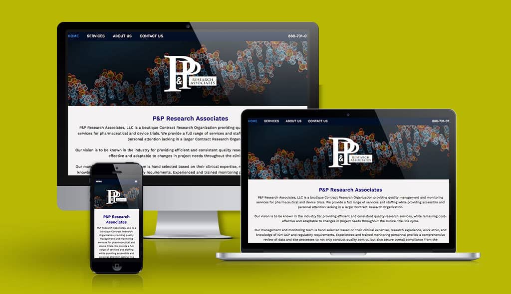 desktop, laptop & cell phone displaying the home page of P&P Research