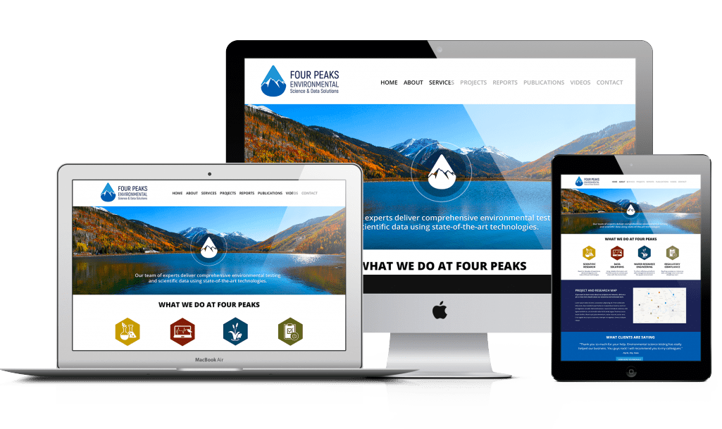 laptop, desktop, & iPad desktop & laptop displaying the home page of Four Peaks Environmental