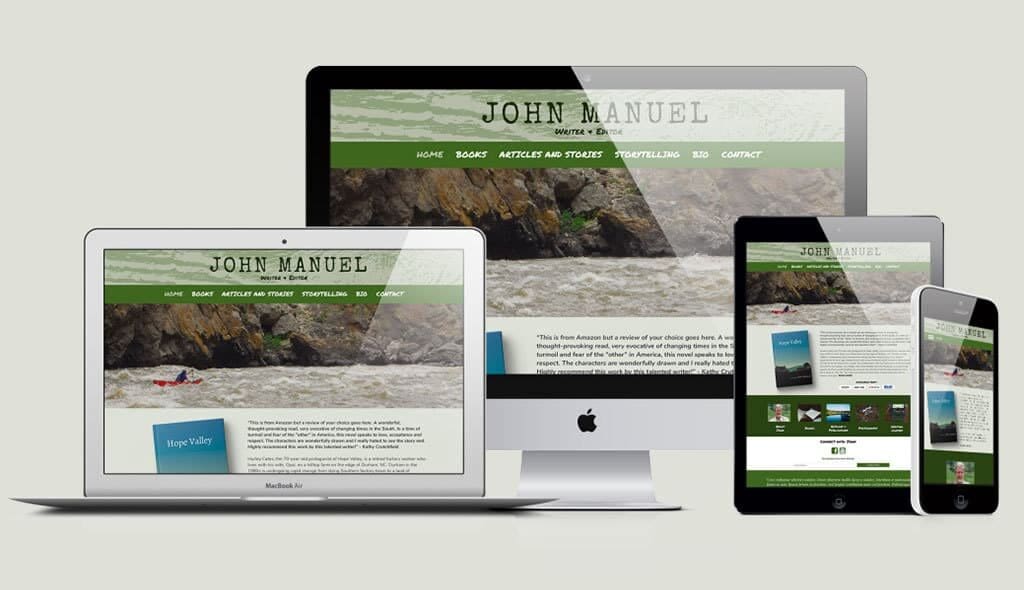 manuel desktop, laptop, iPad, & cell phone displaying the home page of John Manuel