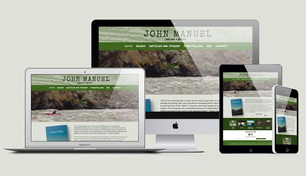 desktop, laptop, iPad, & cell phone displaying the home page of John Manuel