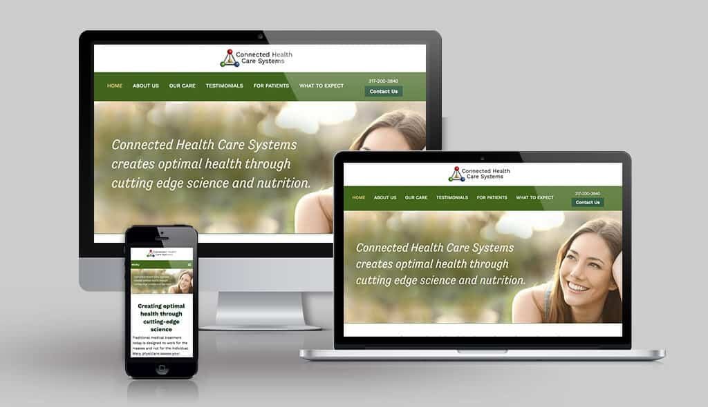 desktop, laptop, & cell phone displaying the homepage of Connected Health Care Systems