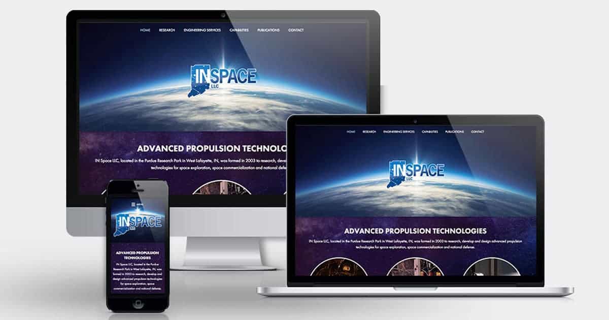 desktop, laptop, & cell phone displaying the homepage of IN Space LLC