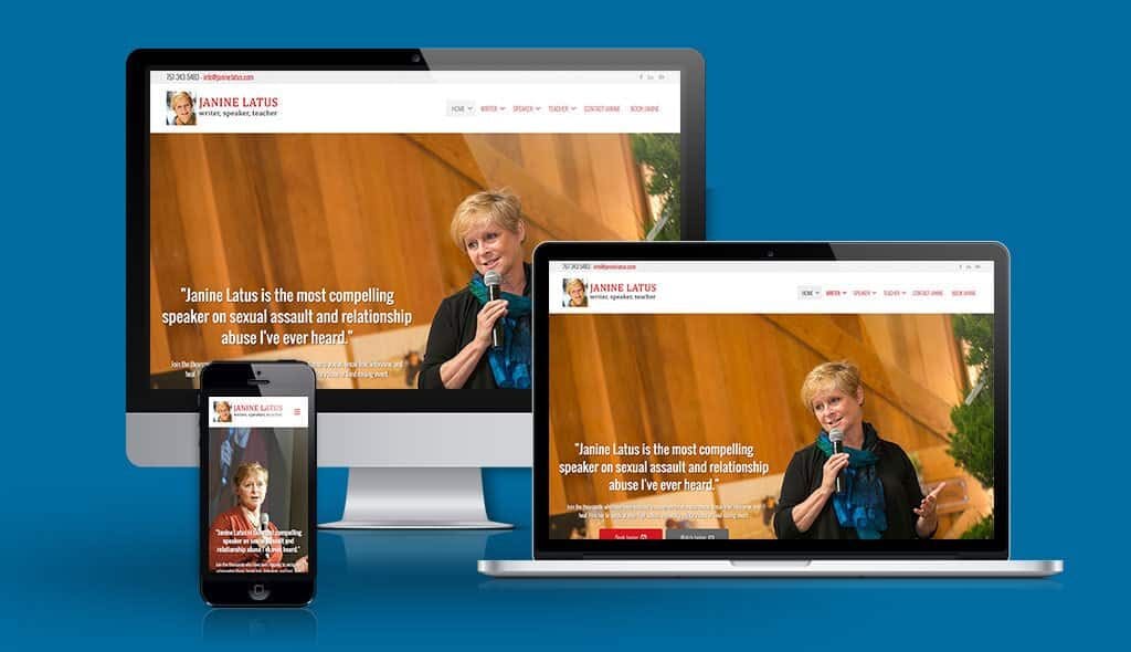 janine desktop, laptop, & cell phone displaying the homepage of Janine Latus