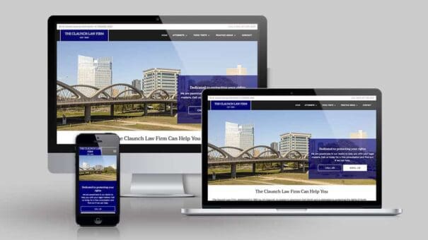 desktop, laptop, & cell phone displaying the homepage of Claunch Law