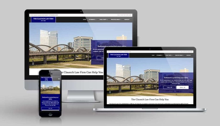 desktop, laptop, & cell phone displaying the homepage of Claunch Law