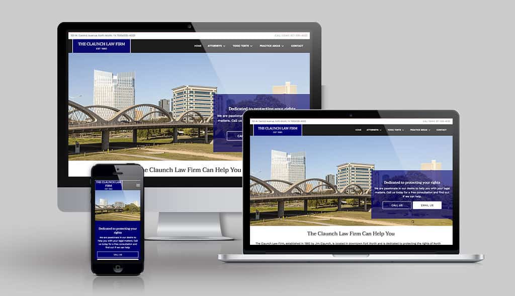 desktop, laptop, & cell phone displaying the homepage of Claunch Law