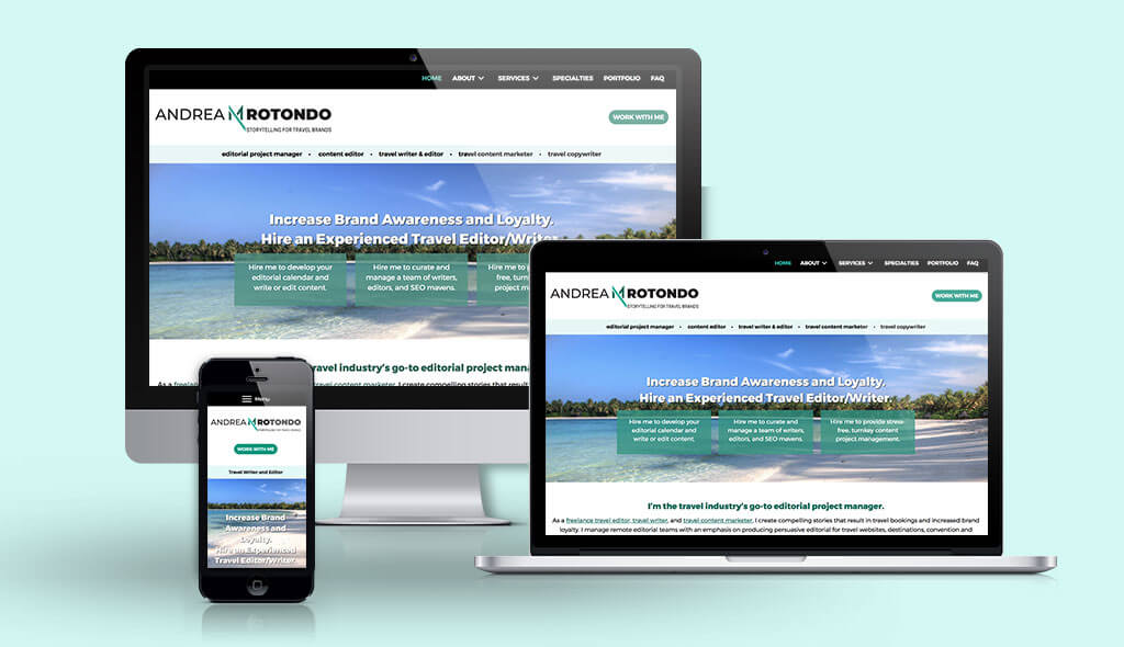 desktop, laptop, & cell phone displaying the homepage of Andrea M. Rotondo