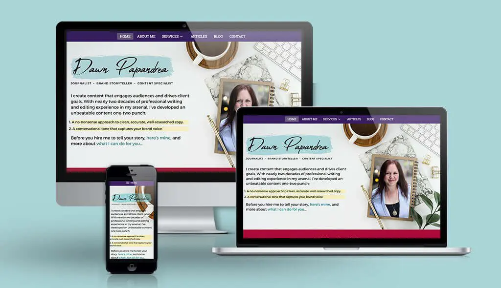 Just Launched! New site for writer Dawn Papandrea desktop, laptop, & cell phone displaying the homepage of Dawn Papandrea