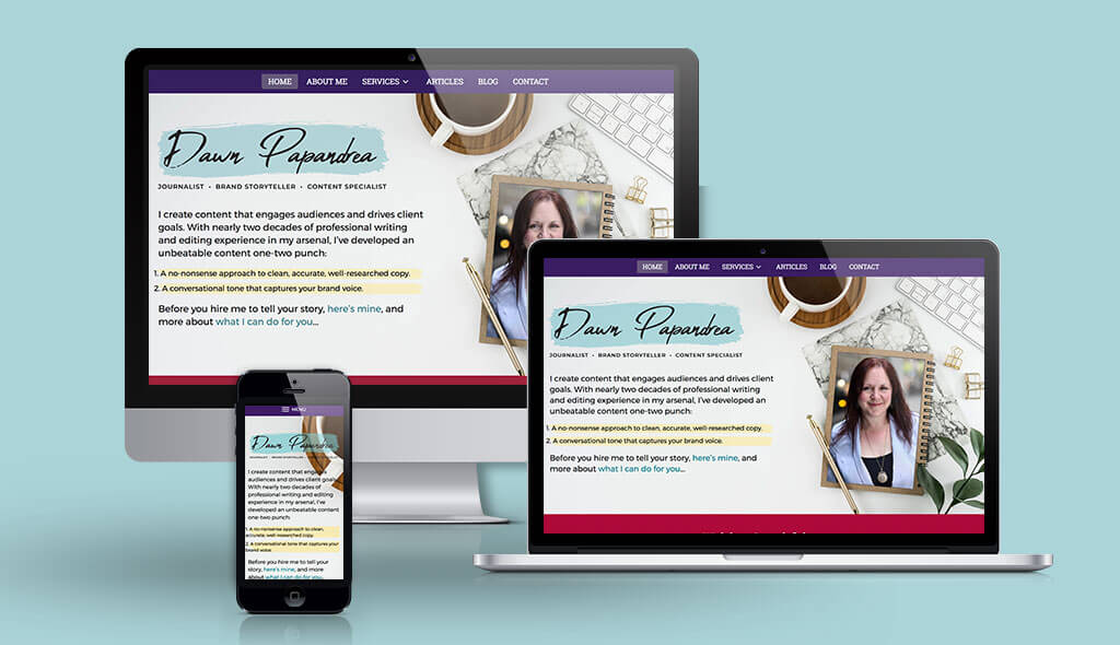 desktop, laptop, & cell phone displaying the homepage of Dawn Papandrea