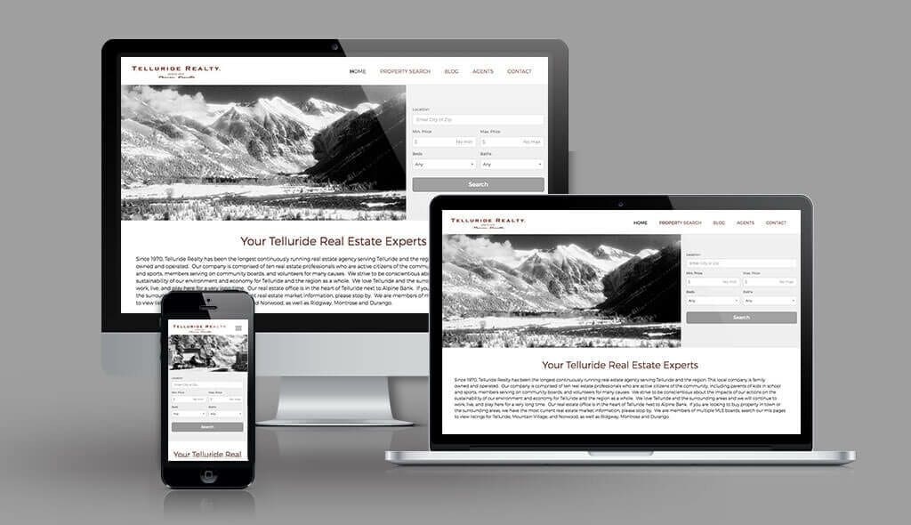desktop, laptop, & cell phone displaying the homepage of Telluride Realty