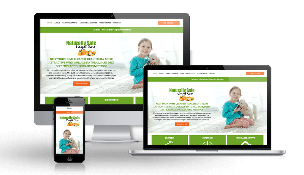 desktop, laptop, & cell phone displaying the homepage of Naturally Safe Carpet Care