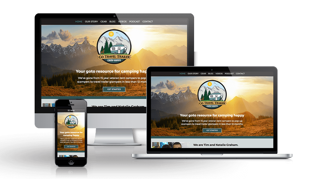 desktop, laptop, & cell phone displaying the homepage of Go Travel Trailer