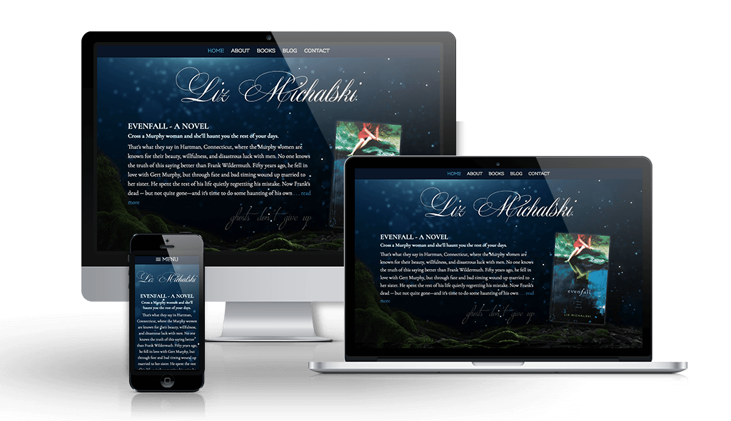 desktop, laptop, & cell phone displaying the homepage of Liz Michalski