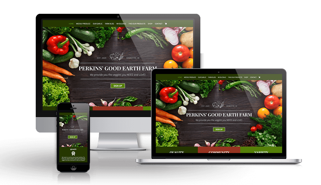 desktop, laptop, & cell phone displaying the homepage of Perkins Good Earth Farm