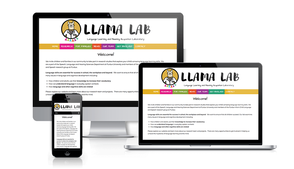 desktop, laptop, & cell phone displaying the homepage of Llama Lab