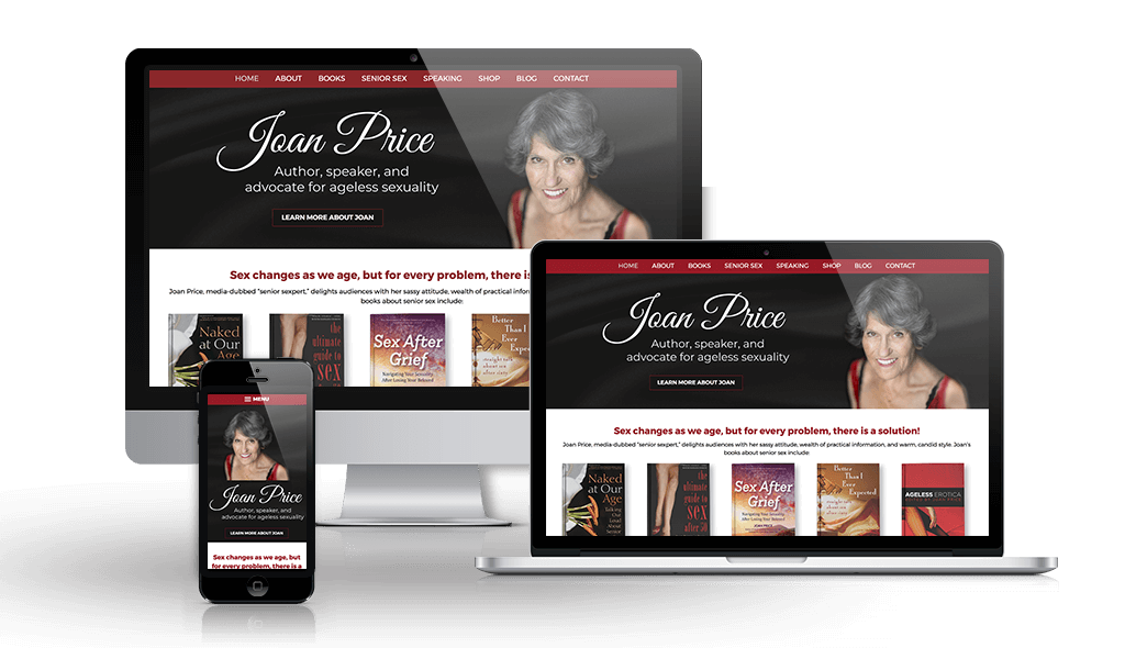 joanprice desktop, laptop, & cell phone displaying the homepage of Joan Price