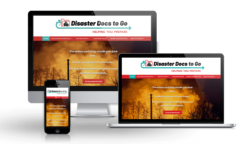 disasterdocs desktop, laptop, & cell phone displaying the homepage of Disaster Docs to Go