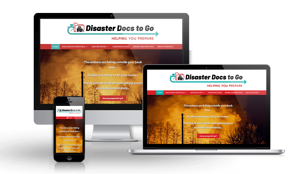 desktop, laptop, & cell phone displaying the homepage of Disaster Docs to Go