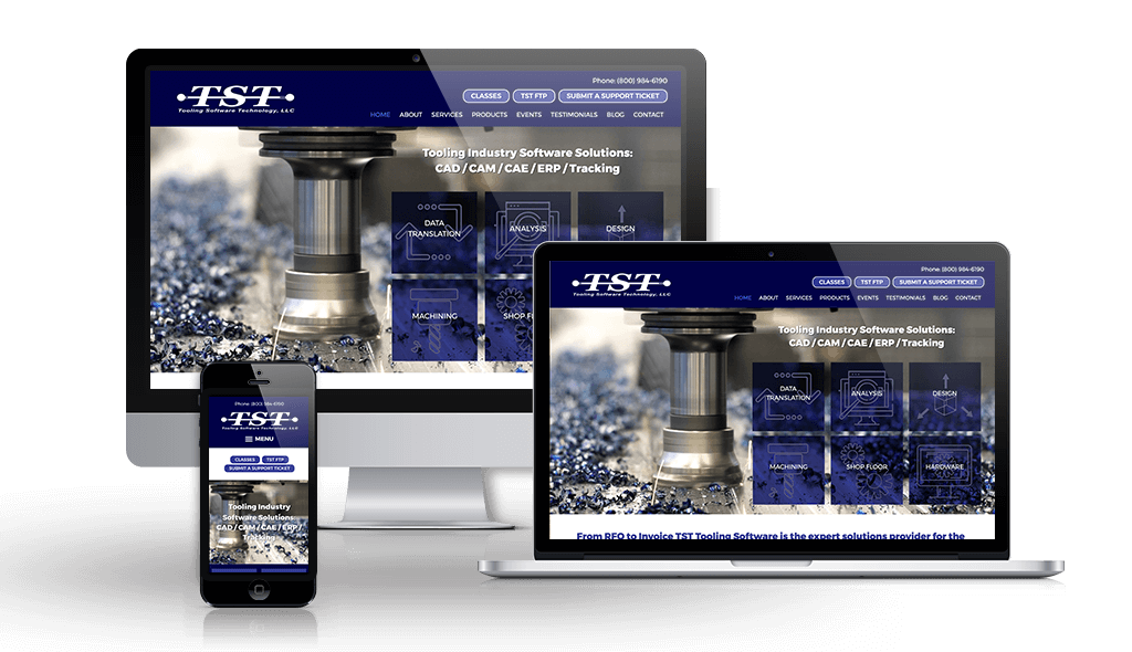 TST Software desktop, laptop, & cell phone displaying the homepage of TST Software
