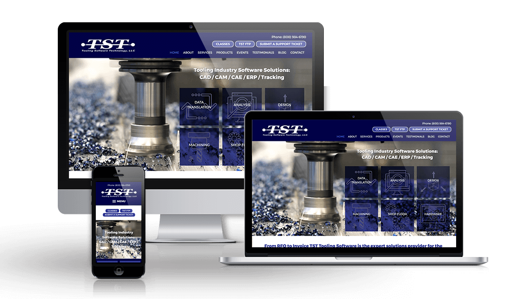 desktop, laptop, & cell phone displaying the homepage of TST Software