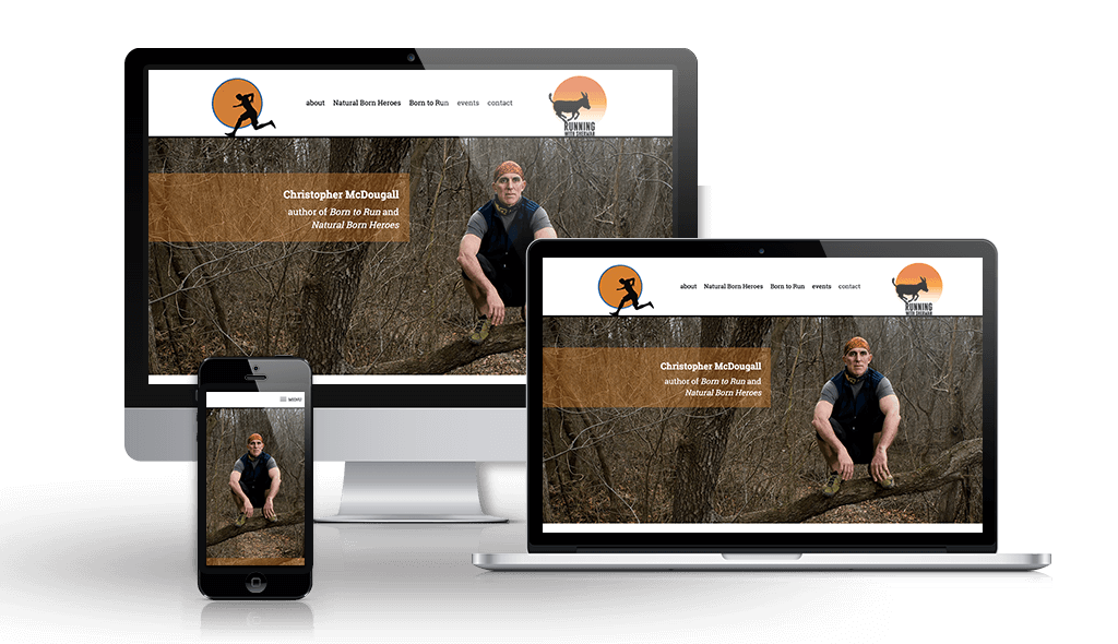 desktop, laptop, & cell phone displaying the homepage of Chris McDougall