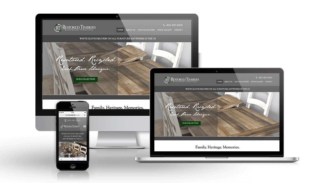 desktop, laptop, & cell phone displaying the homepage of Restored Timbers Website