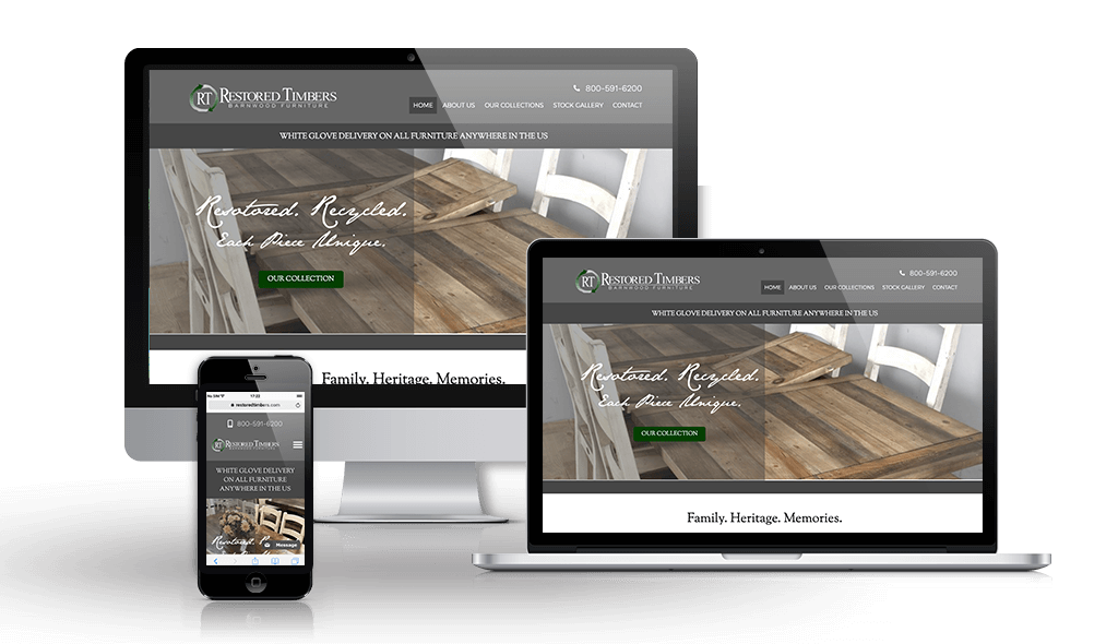 restoredtimbers desktop, laptop, & cell phone displaying the homepage of Restored Timbers Website