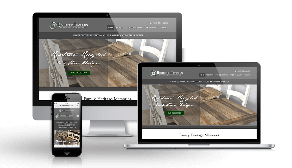 desktop, laptop, & cell phone displaying the homepage of Restored Timbers Website
