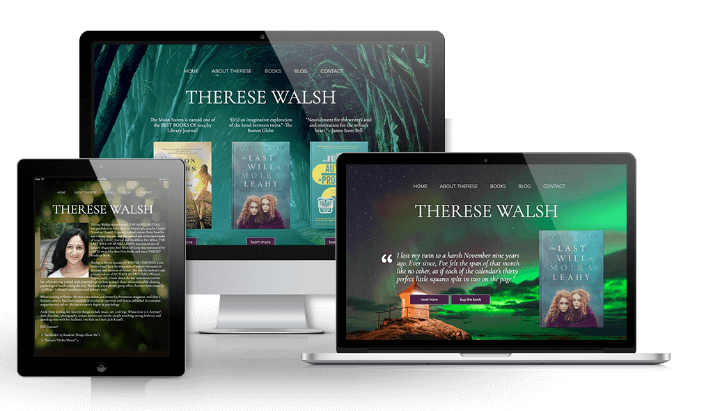 walsh desktop, laptop, & cell phone displaying the homepage of Therese Walsh