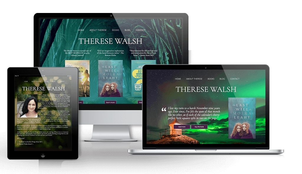 desktop, laptop, & cell phone displaying the homepage of Therese Walsh